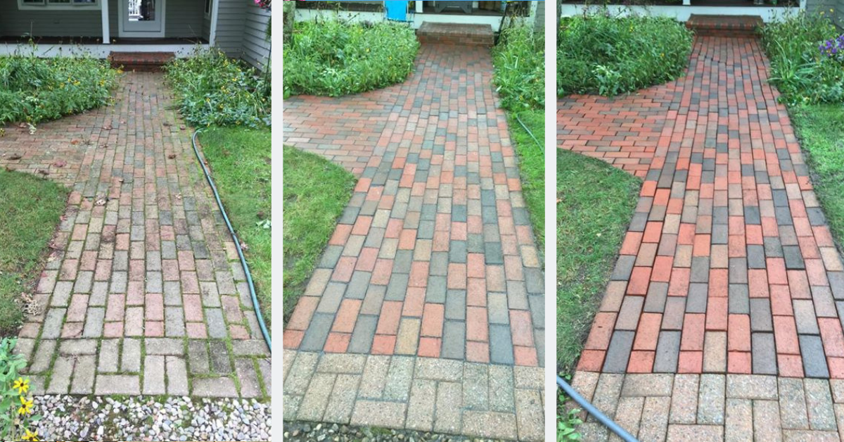 Picture two: after picture, pavers walkway, pavers powerwashed, clean with acid and joint were filled with polymeric sand